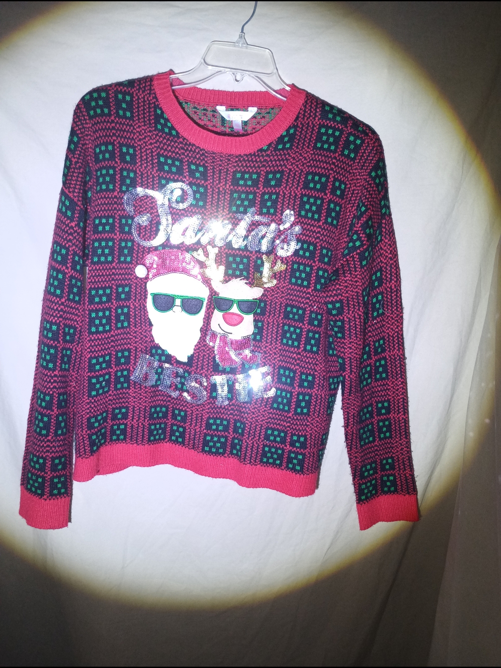 No Boundaries Red & Green Santa & Reindeer Sequin Holiday Sweater
